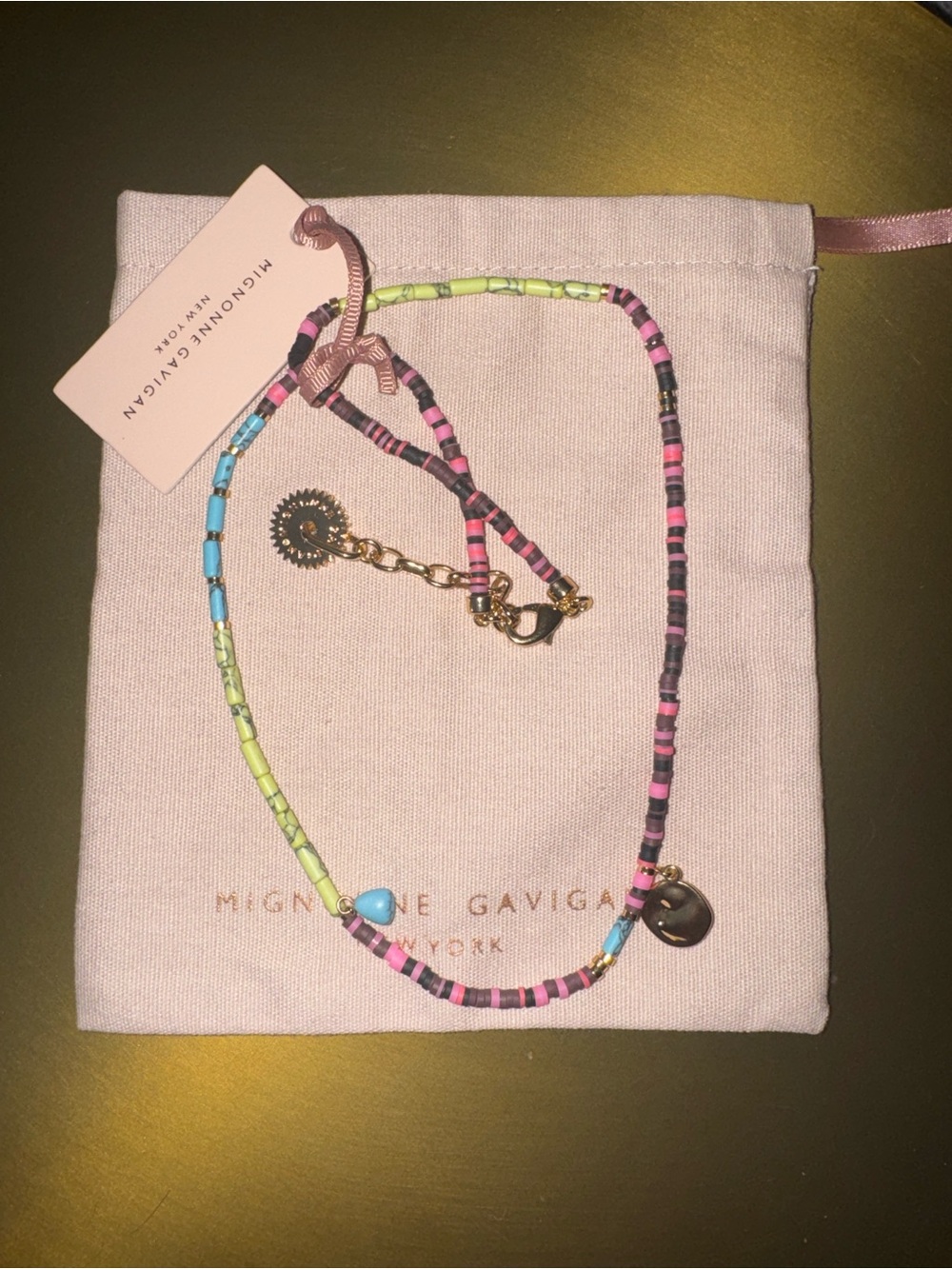NWT Mignonne Gavigan Pink, Black, Blue & Lime Seed Bead Necklace with Gold Charm